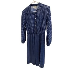 VTG 70's Bleecker Street Navy White Polka Dot Striped Midi Dress Women's Size 12